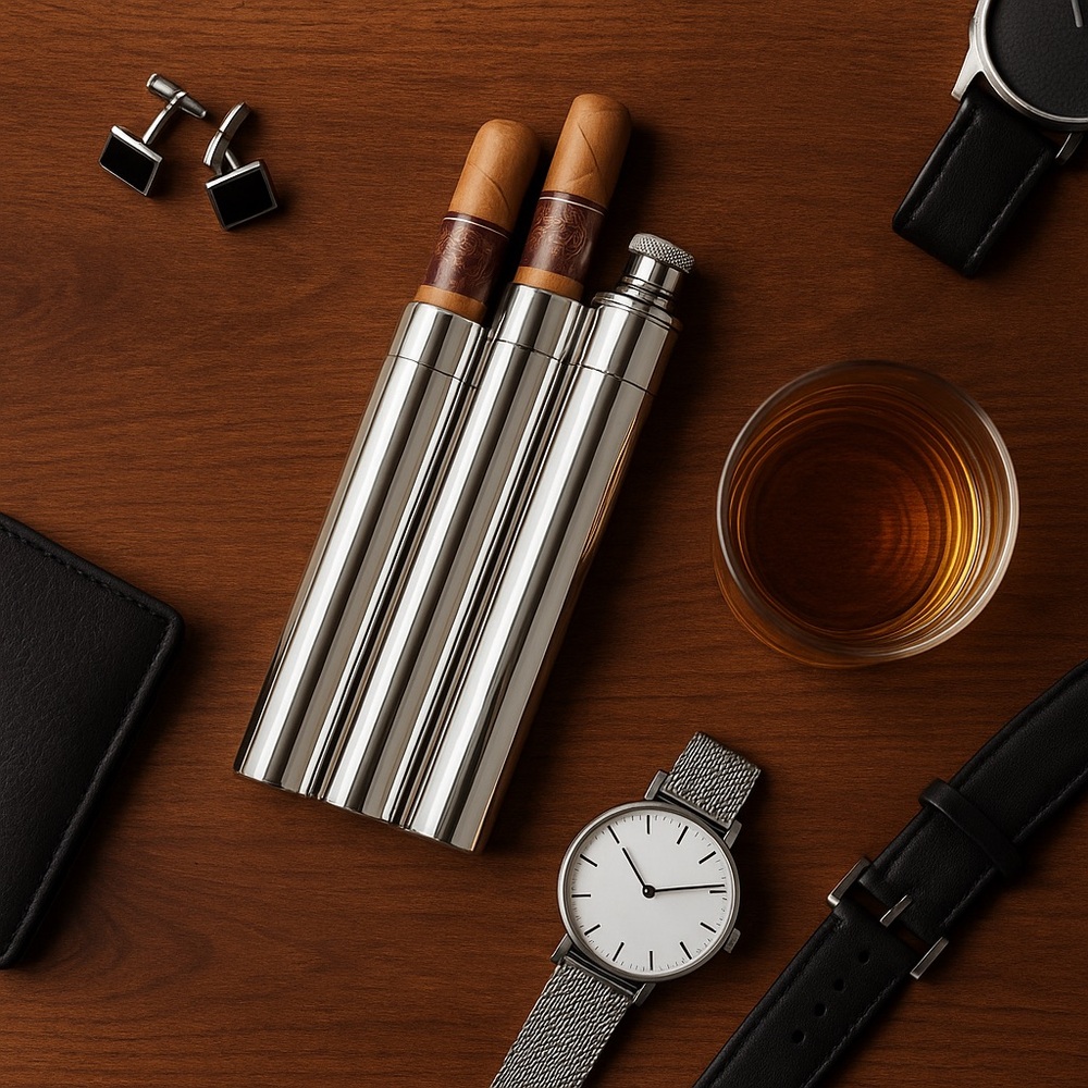 2- Cigar Stainless Steel Holder with Built-In Flask - Travel Cigar Tube Case